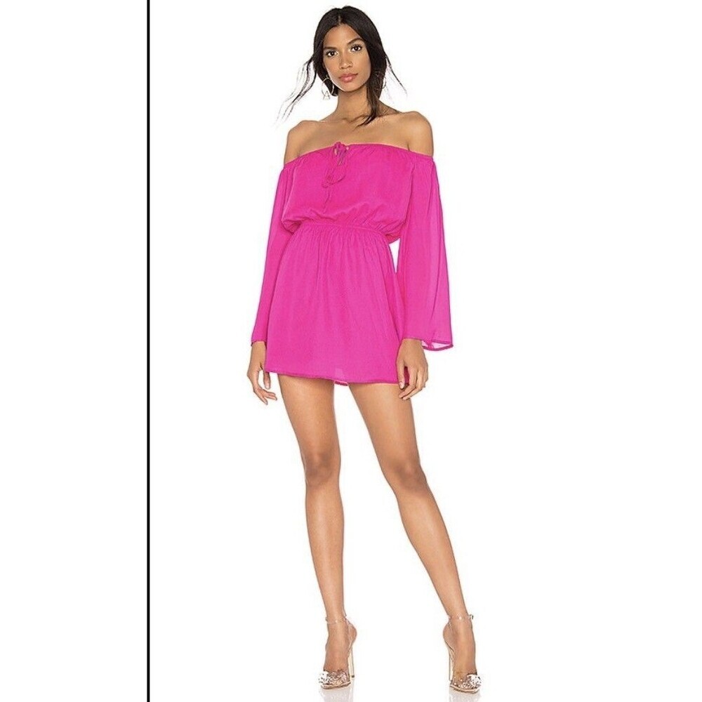 SUPERDOWN Jazzie Off Hot Pink Off Shoulder Mini Dress Large Bell Sleeve Party